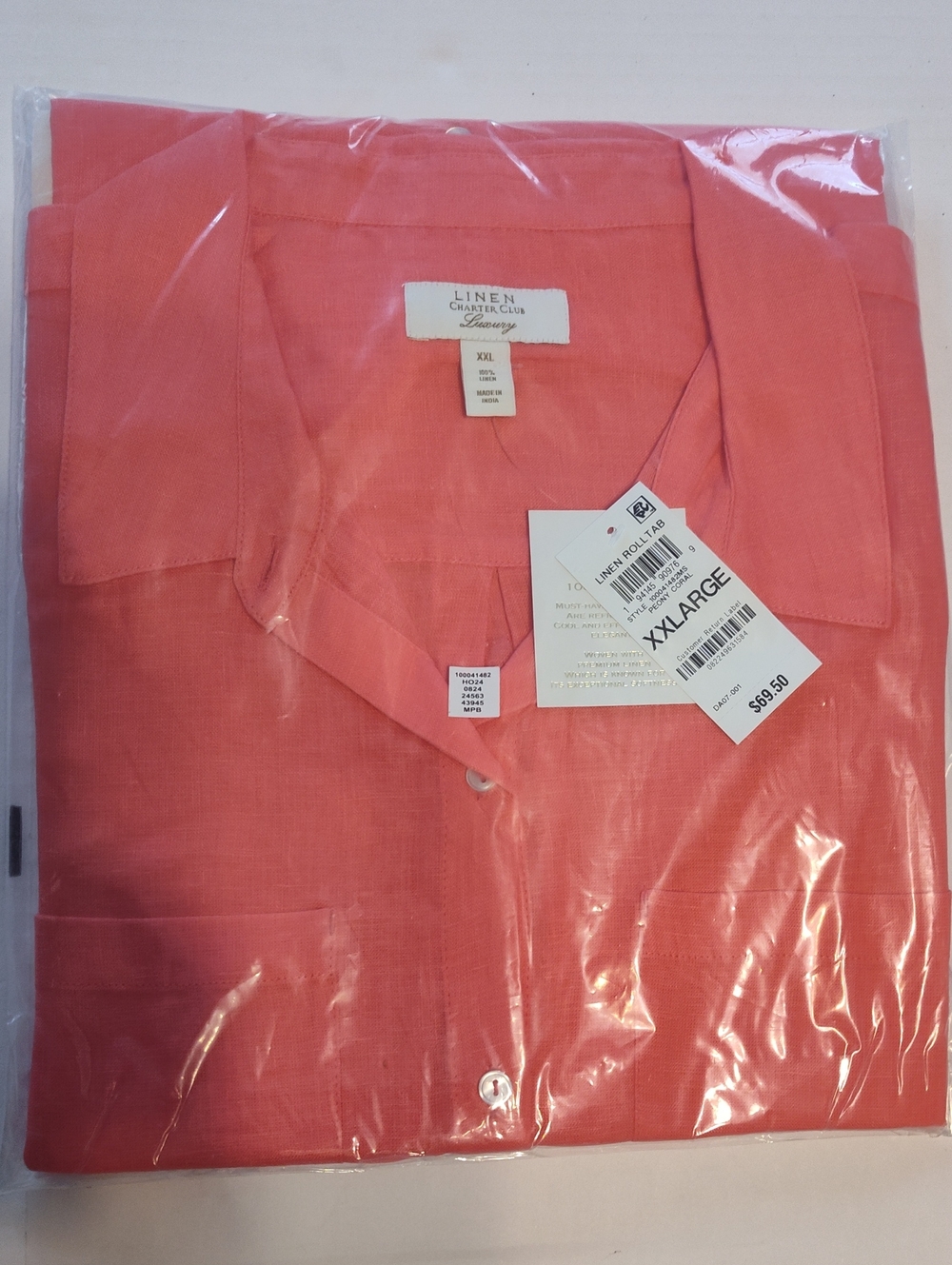 NWT Charter Club Luxury 100% Linen Roll-Tab Button Down Shirt XXL Peony Coral